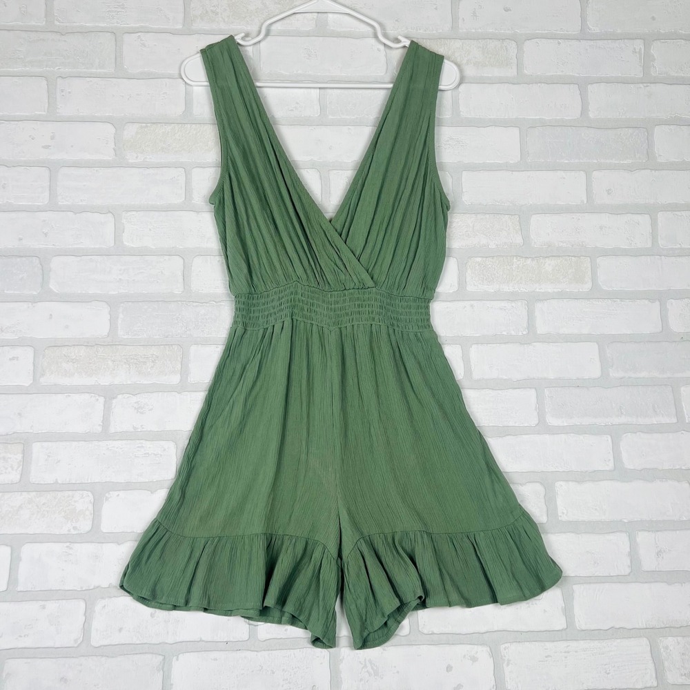 Sage Green Smocked Waist Ruffle Hem Sleeveless V-Neck Romper Small